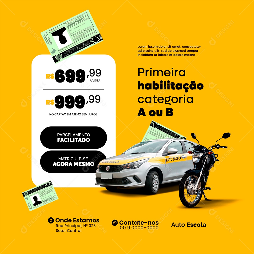 Auto Escola Primeira Habilitação Categoria A ou B Social Media PSD Editável