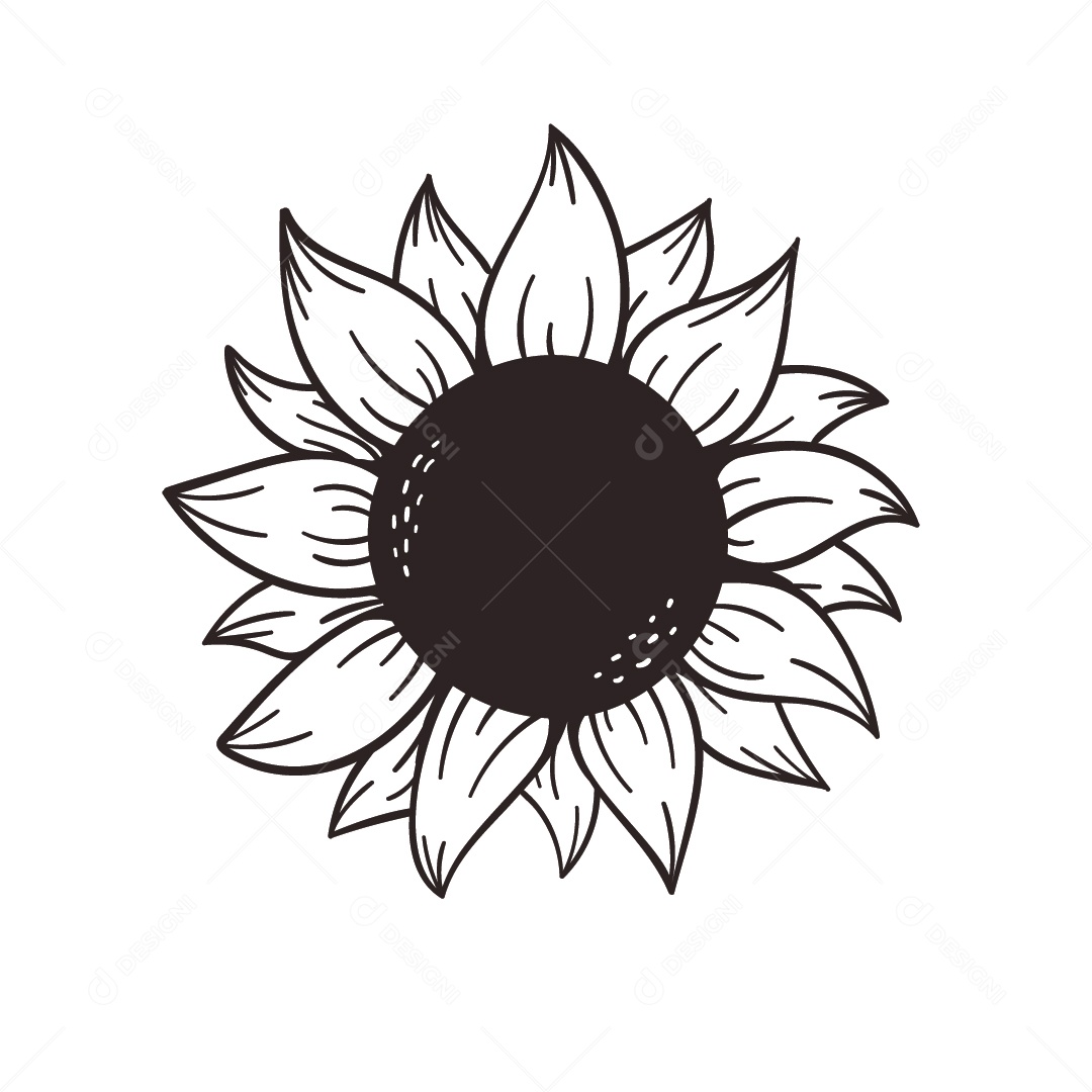 Flor Girassol Preto e Branco Ilustração Vetor EPS