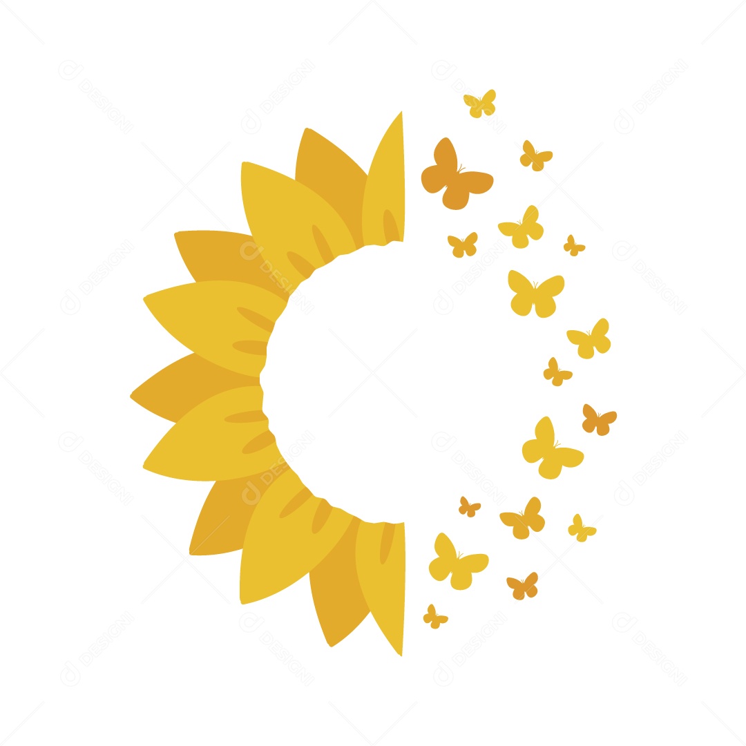 Flor Girassol com Borboletas Ilustração Vetor EPS