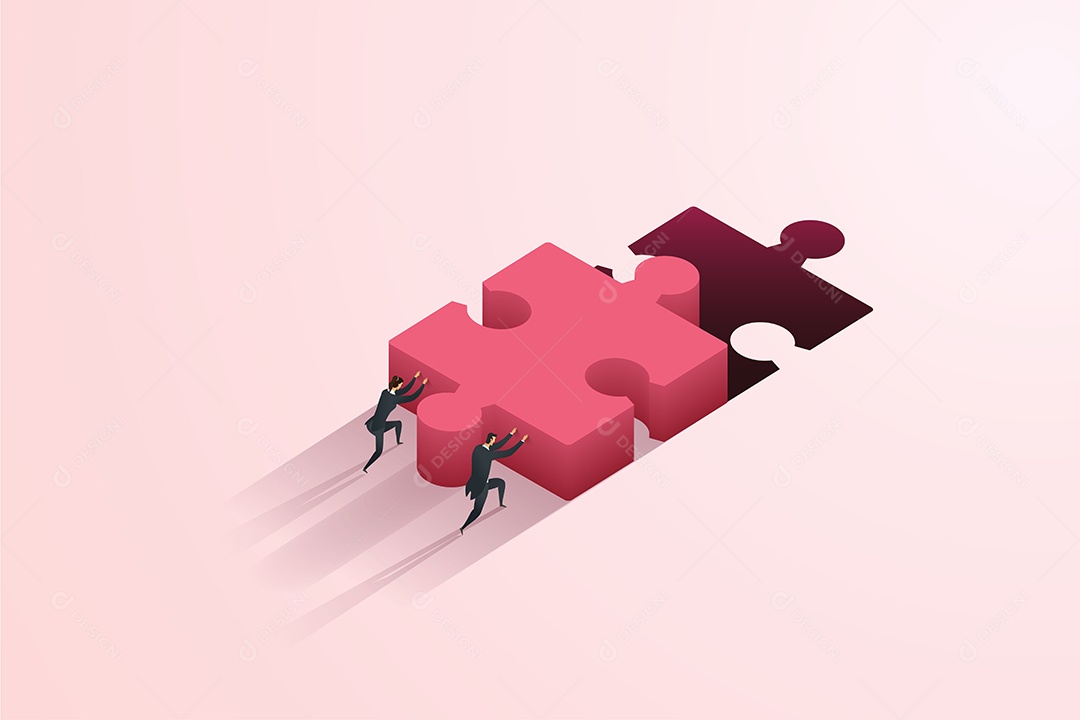 Cooperação Empresarial de Homens e Mulheres de Negócios Empurrando Quebra Cabeças para Se Conectar a Uma Grande Lacuna Vetor EPS