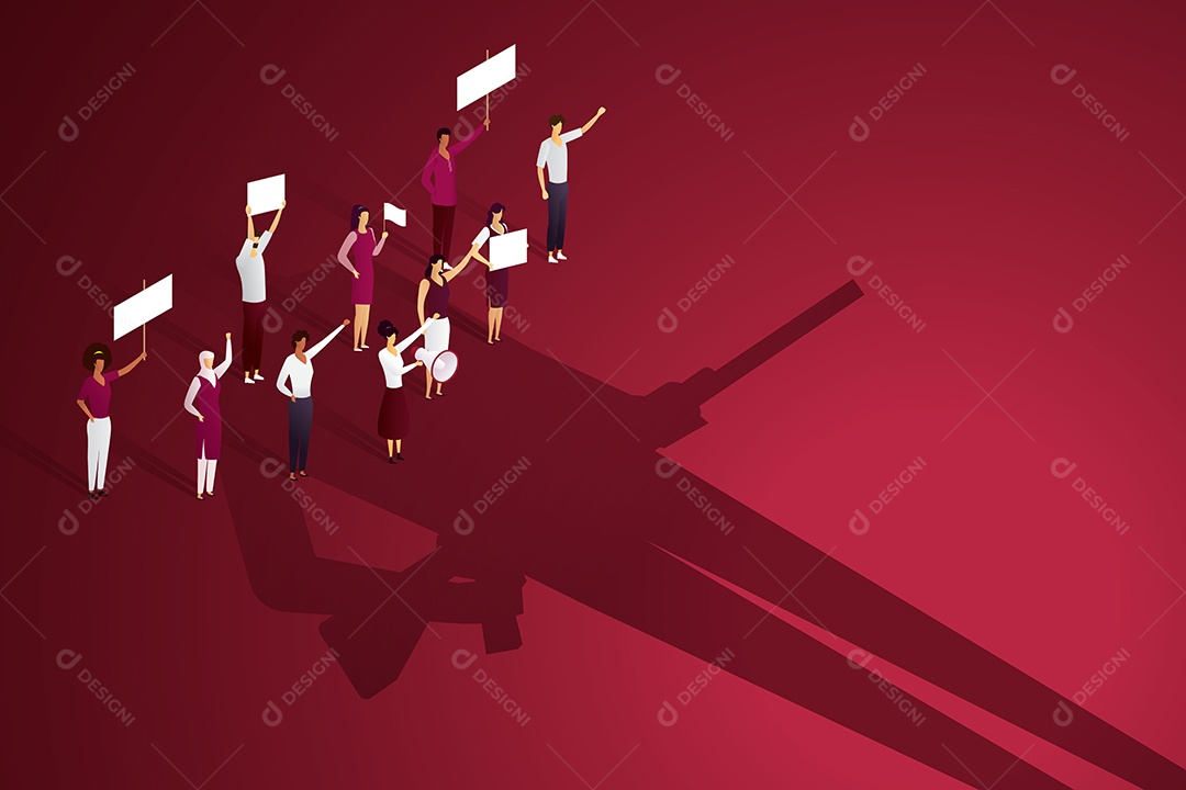 Multidão Masculina e Feminina Com Diversidade Segurando Um Megafone e Um Cartaz e Sombras de Soldados Segurando Armas Vetor EPS