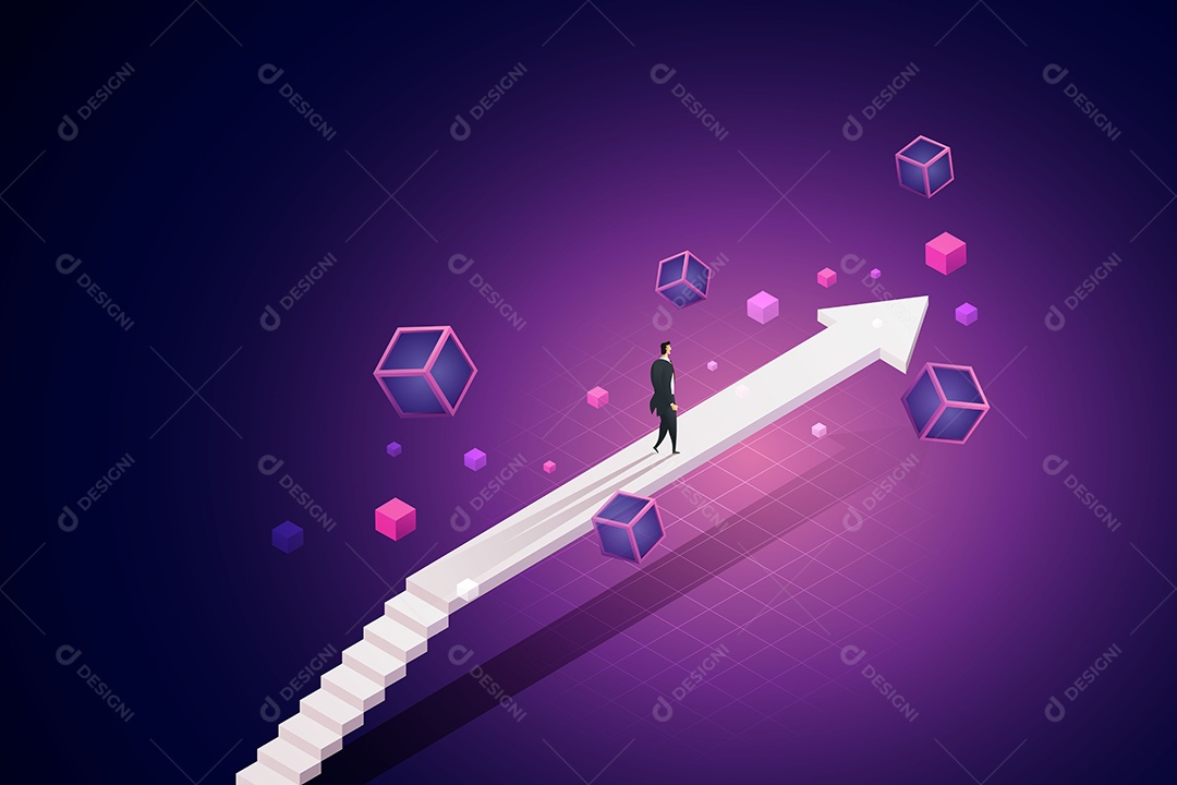Empresário Pisa na Ponte de Seta Que Avança no Caminho da Tecnologia Blockchain para o Futuro Vetor EPS