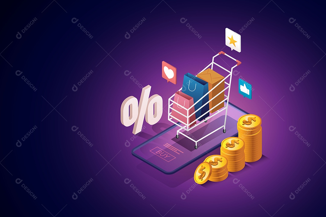 Compras Online Via Smartphone Sacolas de Compras Em Carrinhos de Compras Móveis e Pilhas de Moedas Vetor EPS