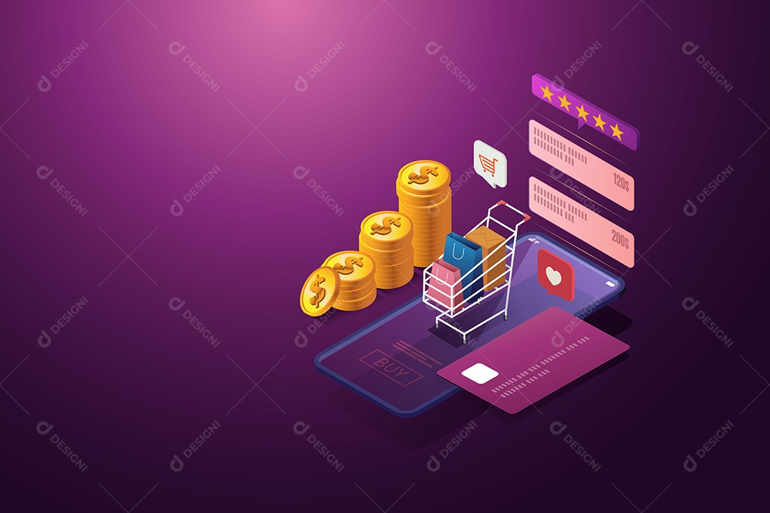 Compras Online Via Smartphone Sacolas de Compras Em Carrinhos de Compras Móveis e Pilhas de Moedas Cartão de Crédito Vetor EPS