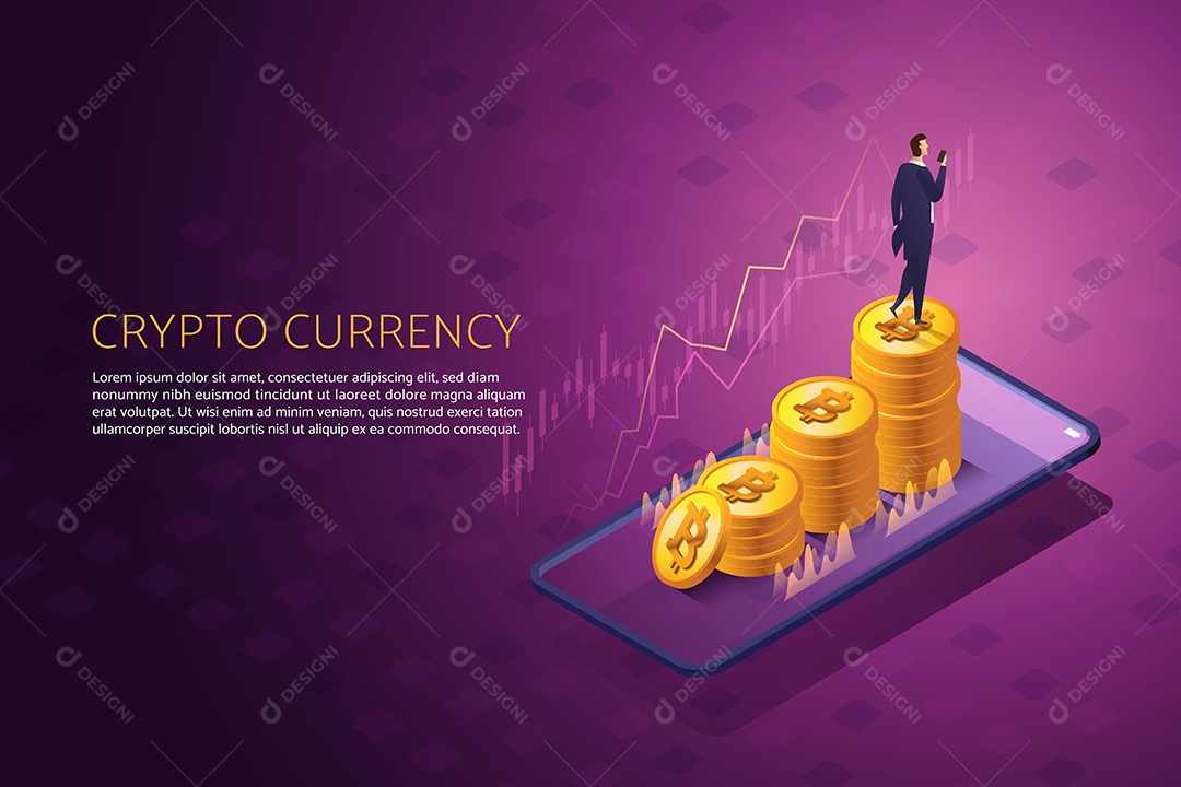 Empresário Usando Telefone Celular Andando Sobre Moedas Bitcoin Vetor EPS