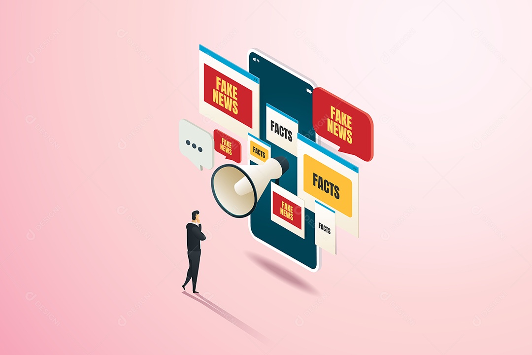 Homem Analisando Notícias Falsas Online e Fatos nas Redes Sociais Vetor EPS