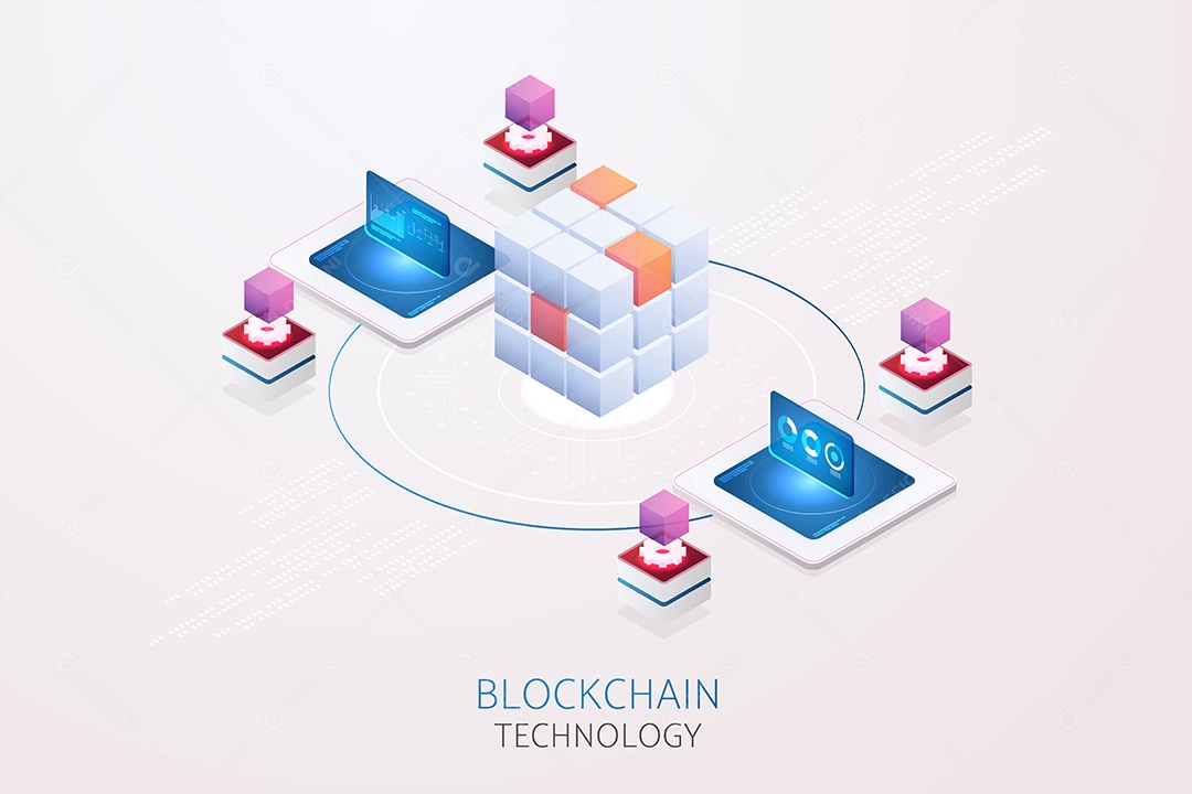 Tecnologia Blockchain Via Sistema de Computador, Modelo de Página de Destino do Conceito de Moeda Digital Vetor EPS