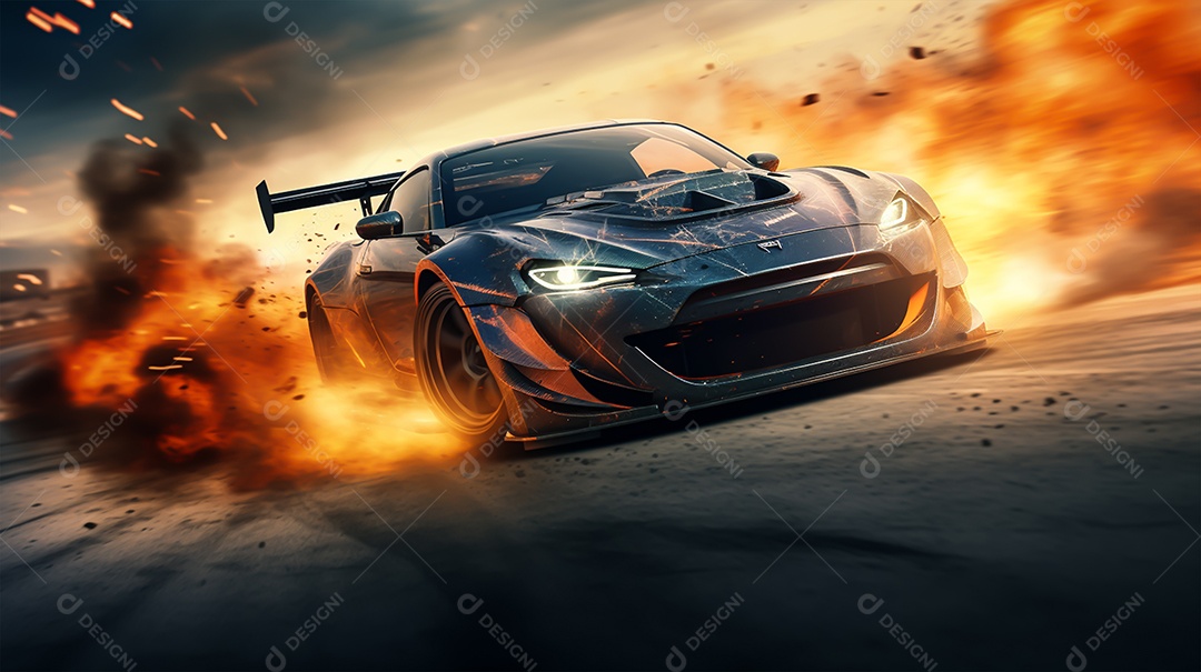 Retrato realista de carro esportivo sobre uma estrada