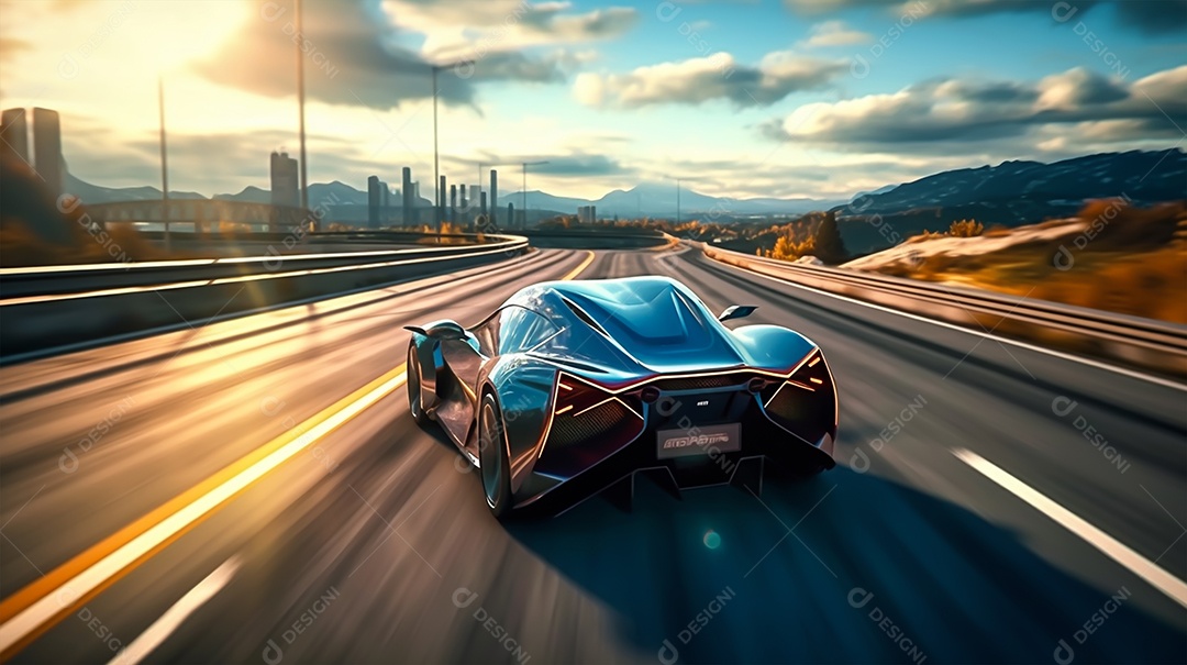 Retrato realista de carro esportivo sobre uma estrada