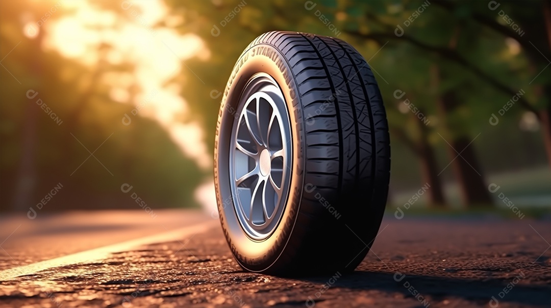 Pneu de carro sobre uma estrada