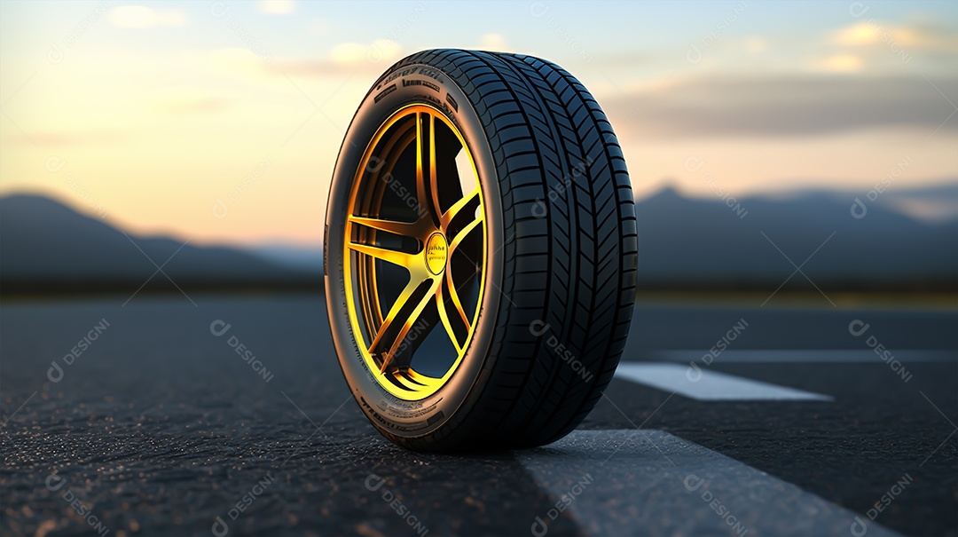 Pneu de carro sobre uma estrada