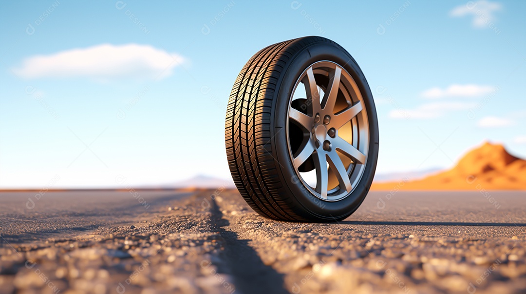 Pneu de carro sobre uma estrada