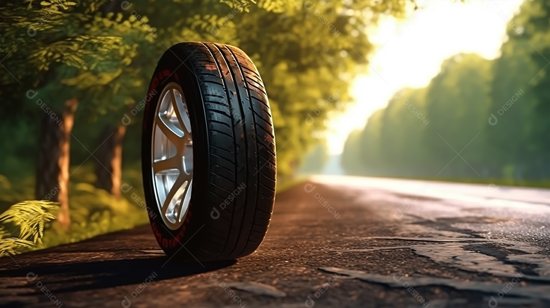 Pneu de carro sobre uma estrada