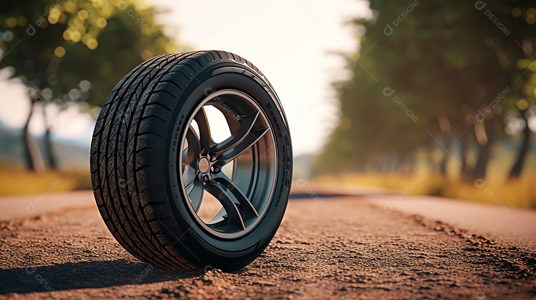 Pneu de carro sobre uma estrada