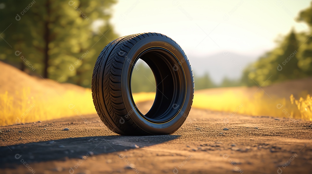 Pneu de carro sobre uma estrada