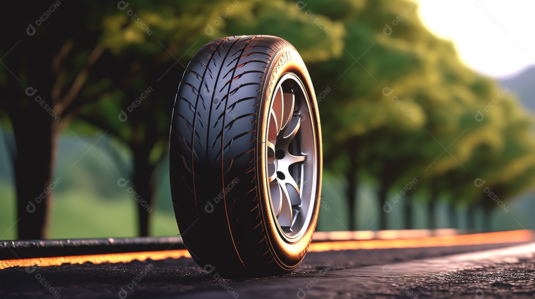 Pneu de carro sobre uma estrada