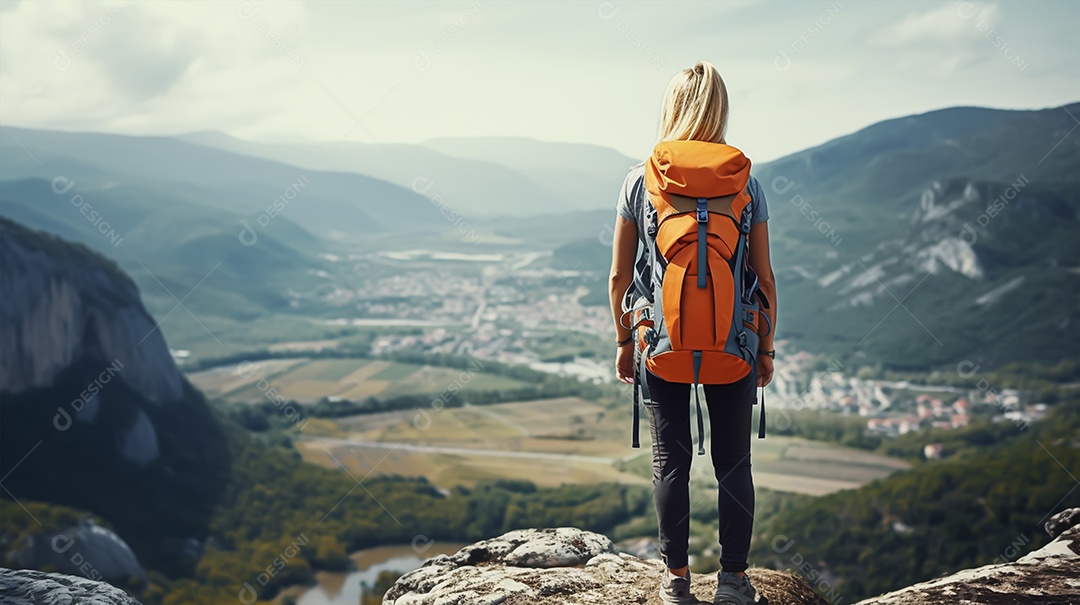 Imagem realista de mulher turista olhando a paisagem