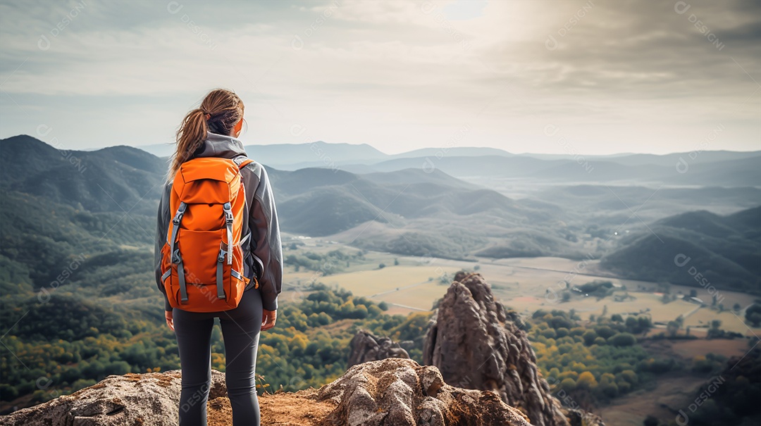 Imagem realista de mulher turista olhando a paisagem