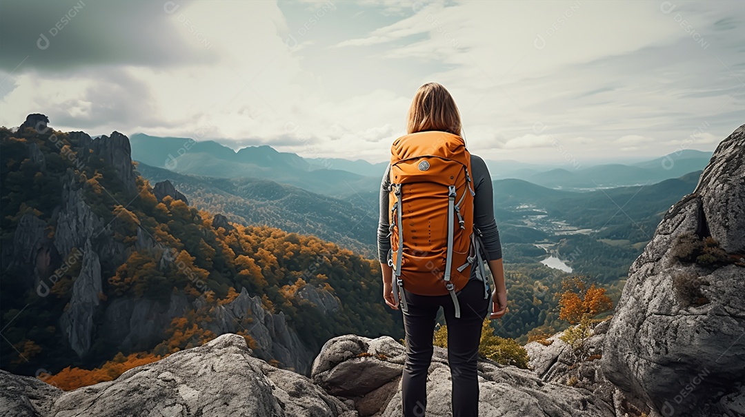 Imagem realista de mulher turista olhando a paisagem
