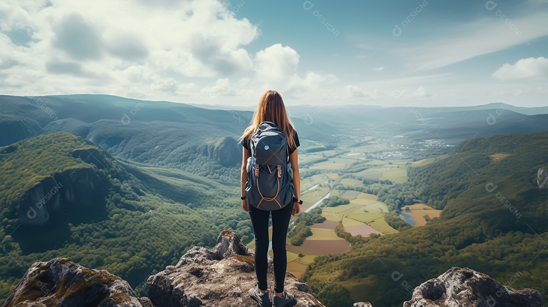 Imagem realista de mulher turista olhando a paisagem