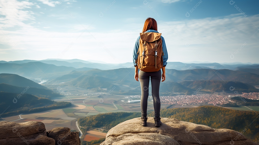 Imagem realista de mulher turista olhando a paisagem