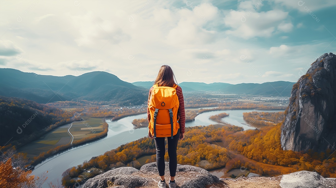 Imagem realista de mulher turista olhando a paisagem