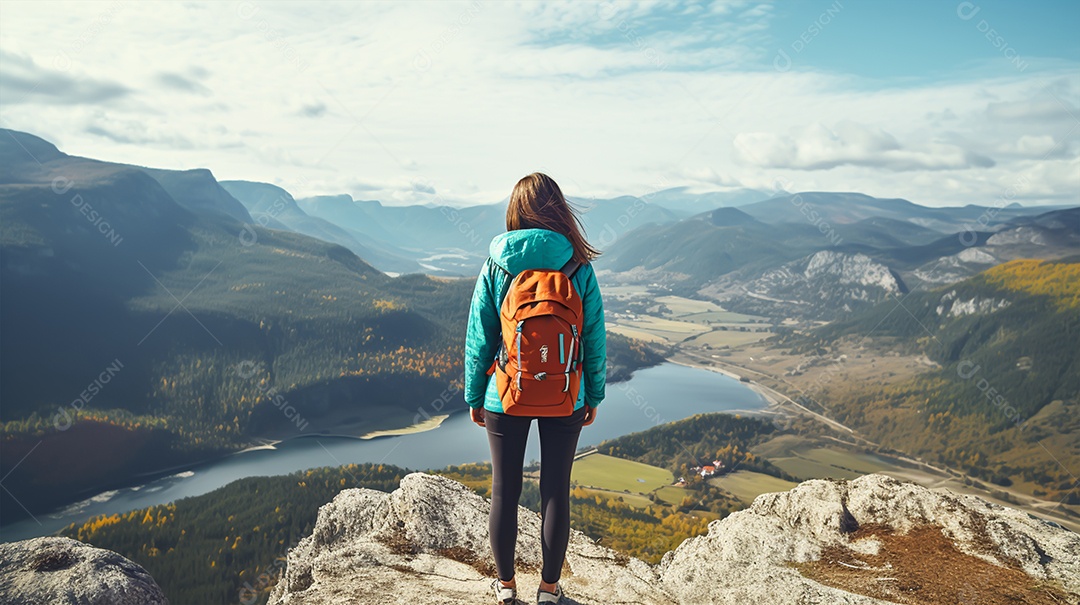 Imagem realista de mulher turista olhando a paisagem