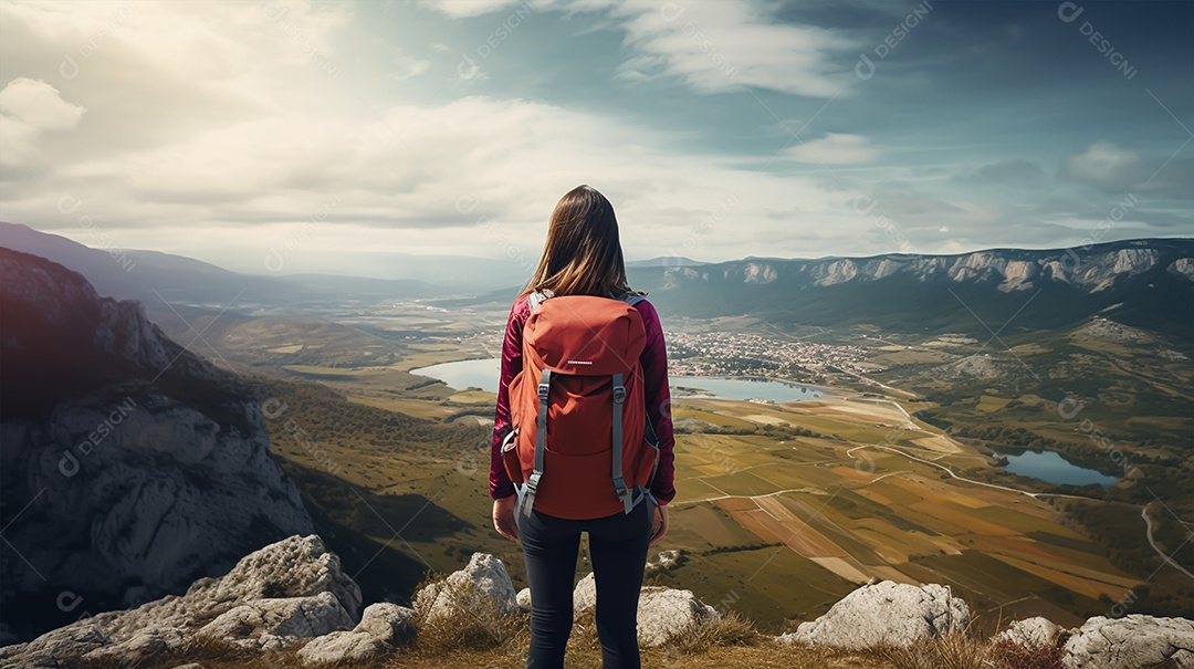 Imagem realista de mulher turista olhando a paisagem