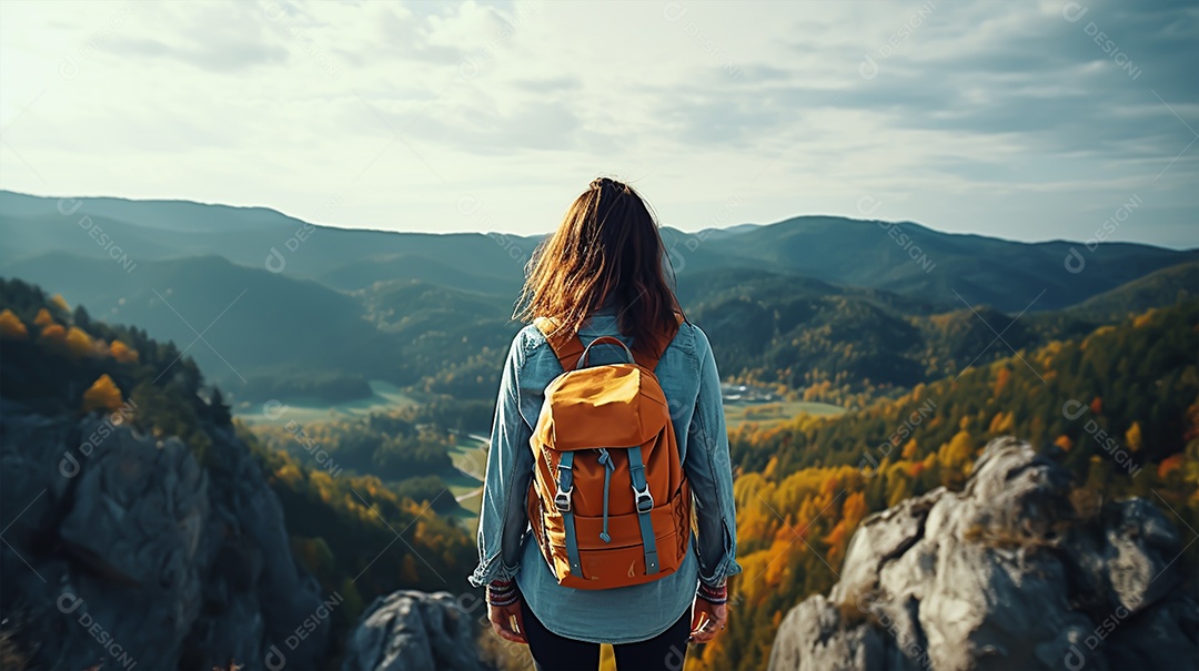 Imagem realista de mulher turista olhando a paisagem