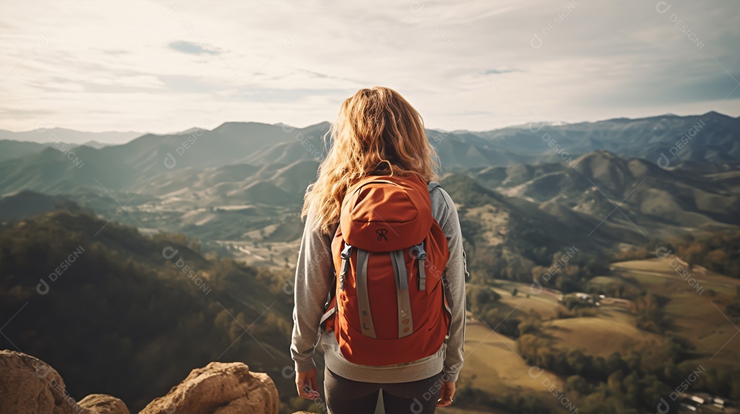 Imagem realista de mulher turista olhando a paisagem