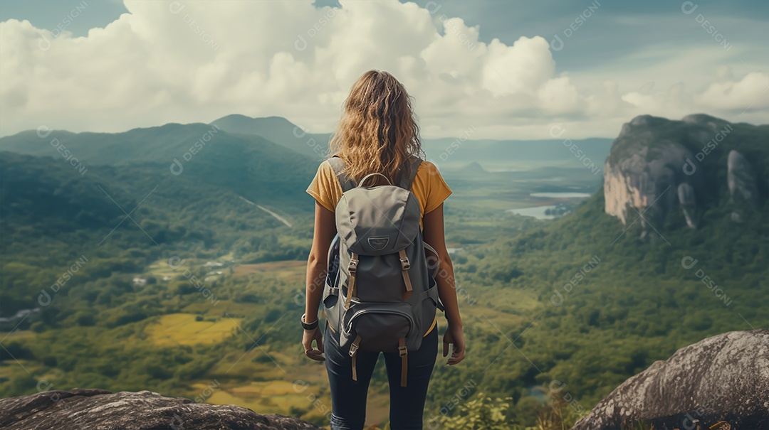 Imagem realista de mulher turista olhando a paisagem