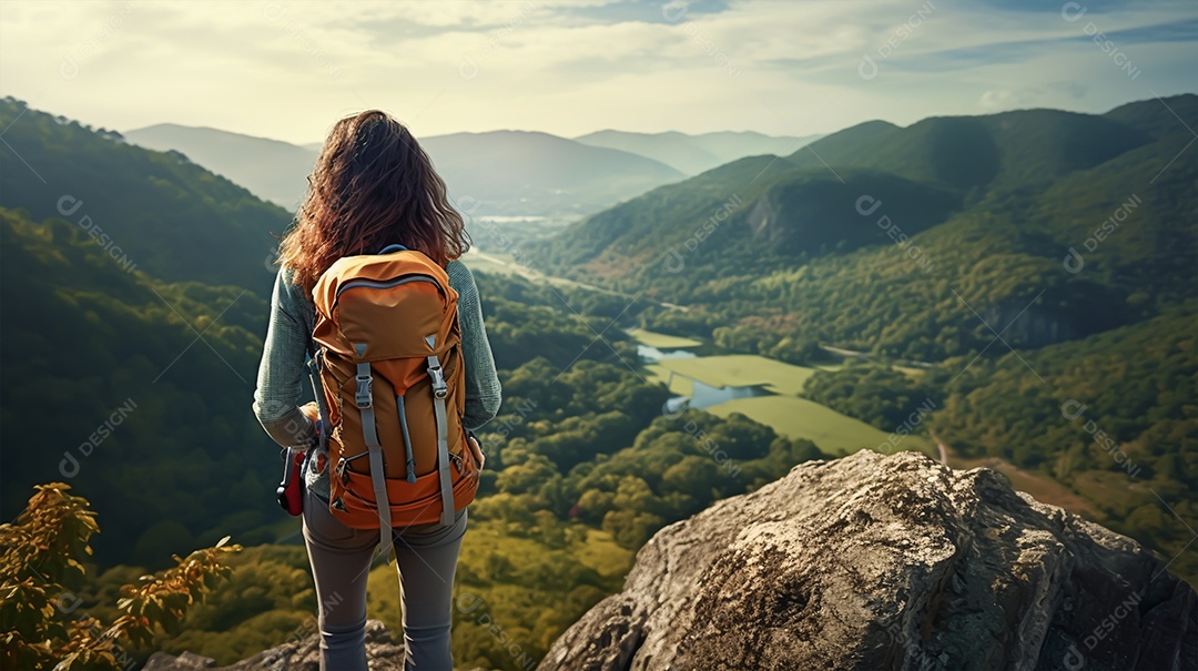 Imagem realista de mulher turista olhando a paisagem