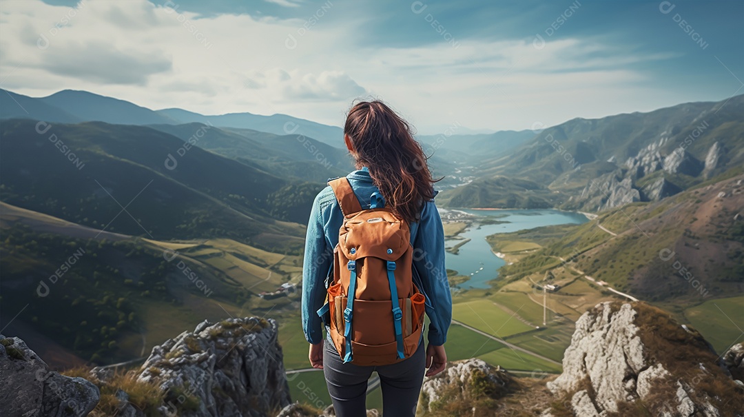 Imagem realista de mulher turista olhando a paisagem