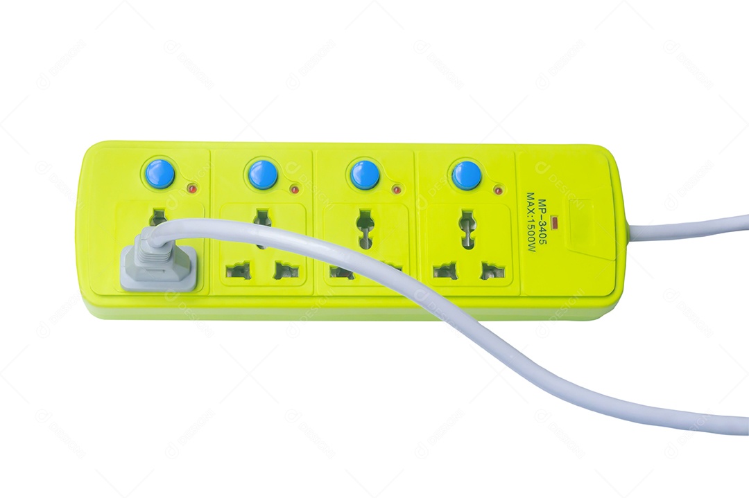 A vista superior do soquete verde e do plugue de energia elétrica branco com linha é isolada no fundo branco com traçado de recorte.