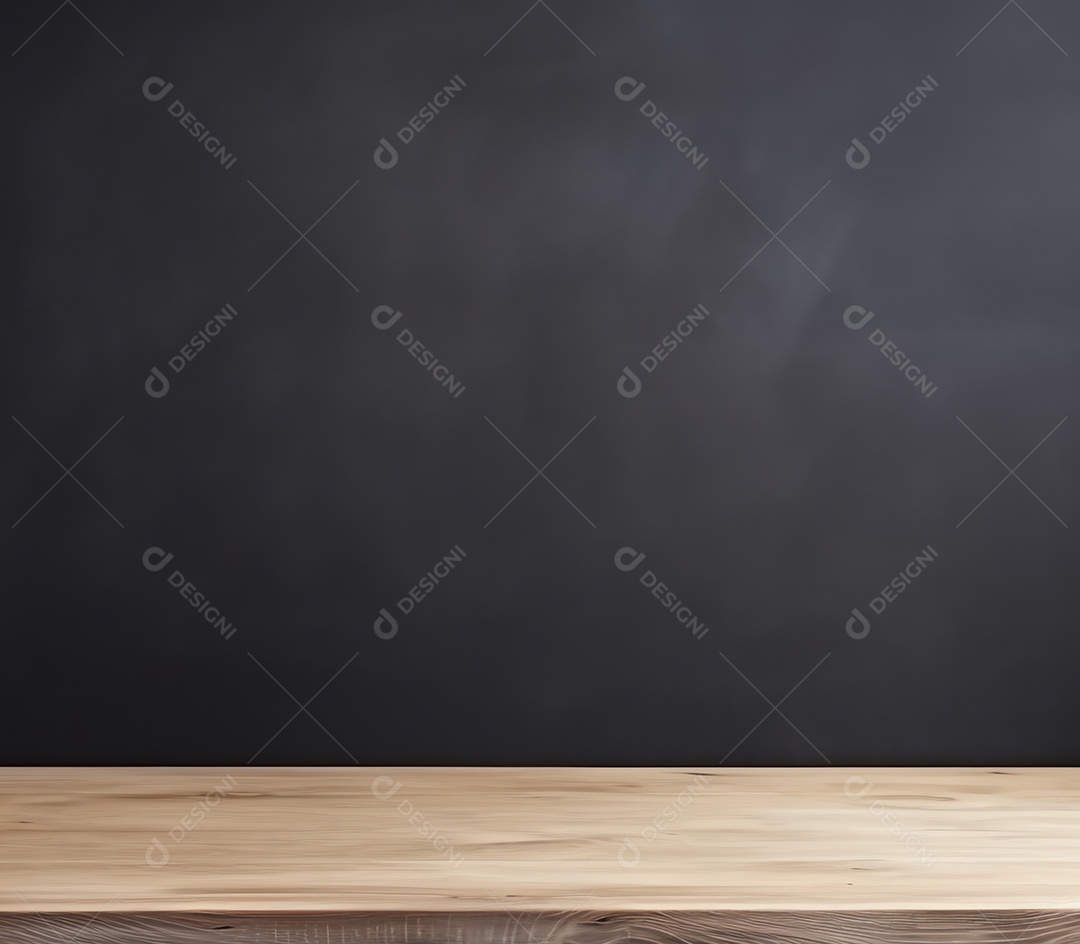 Mesa de madeira em branco no fundo da parede do quadro-negro, maquete e exibição para cozinha e restaurante