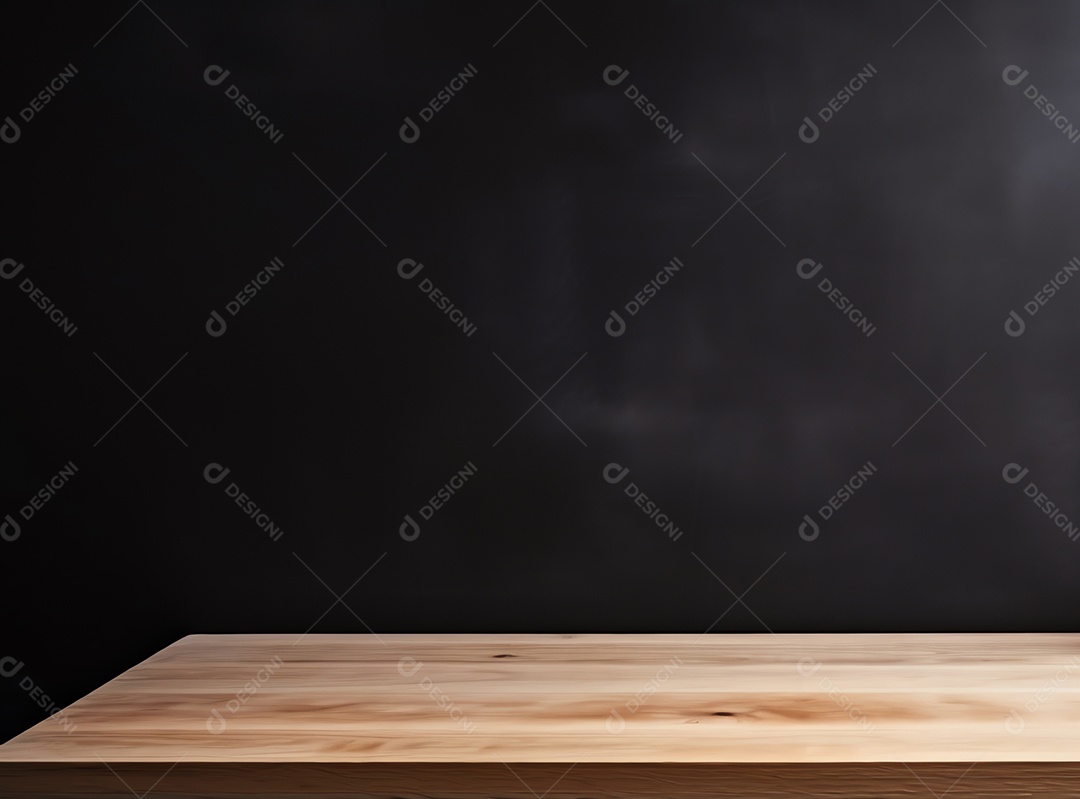 Mesa de madeira em branco no fundo da parede do quadro-negro, maquete e exibição para cozinha e restaurante