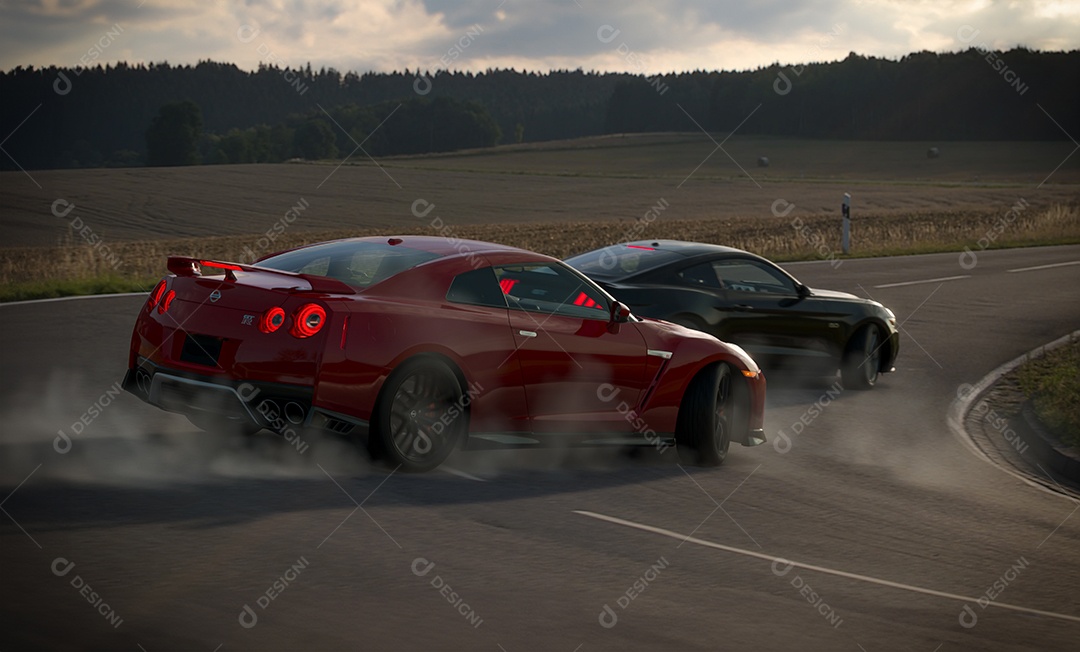 Nissan GTR e Ford Mustang GT à deriva no asfalto