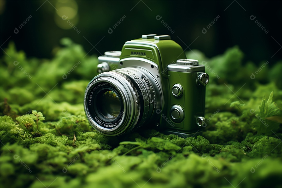 Câmera fotográfica sobre fundo floresta