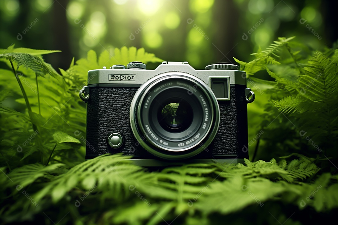 Câmera fotográfica sobre fundo floresta