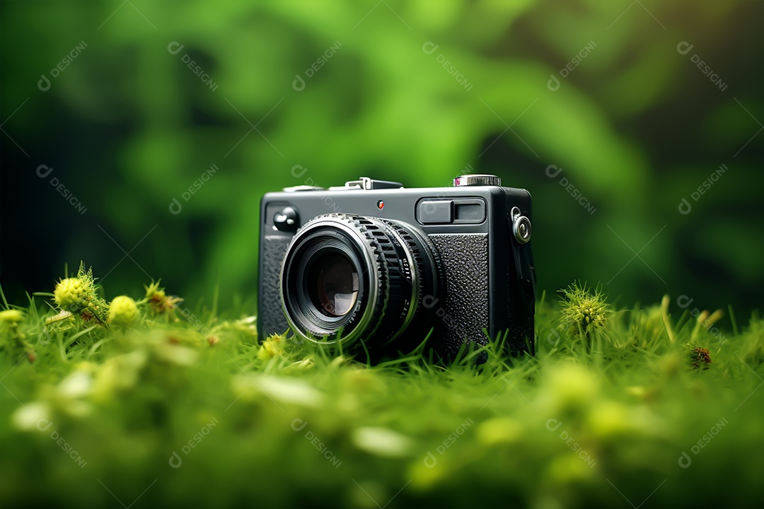 Câmera fotográfica sobre fundo floresta