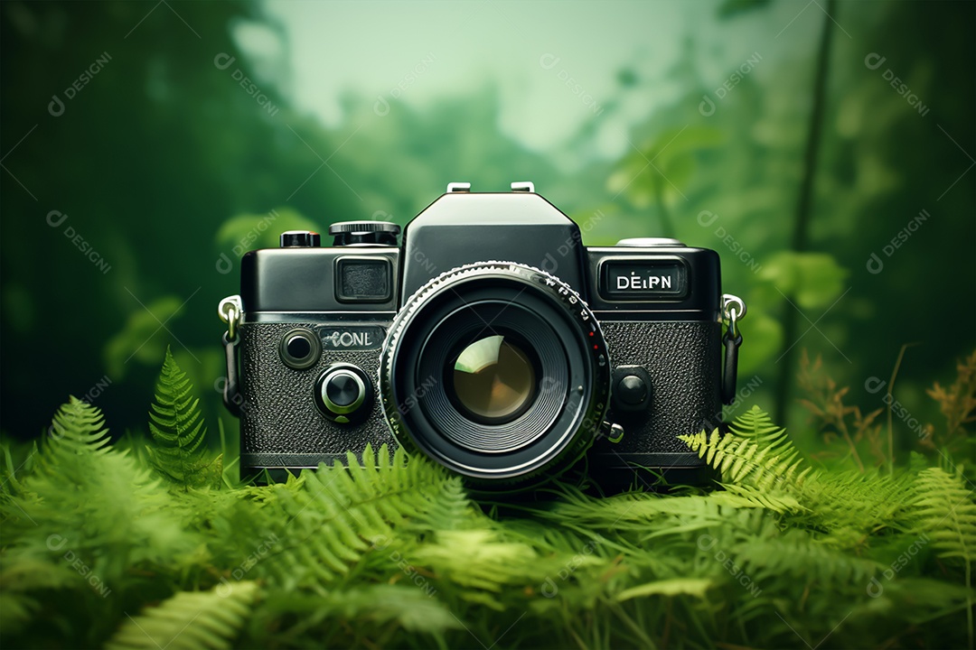 Câmera fotográfica sobre fundo floresta