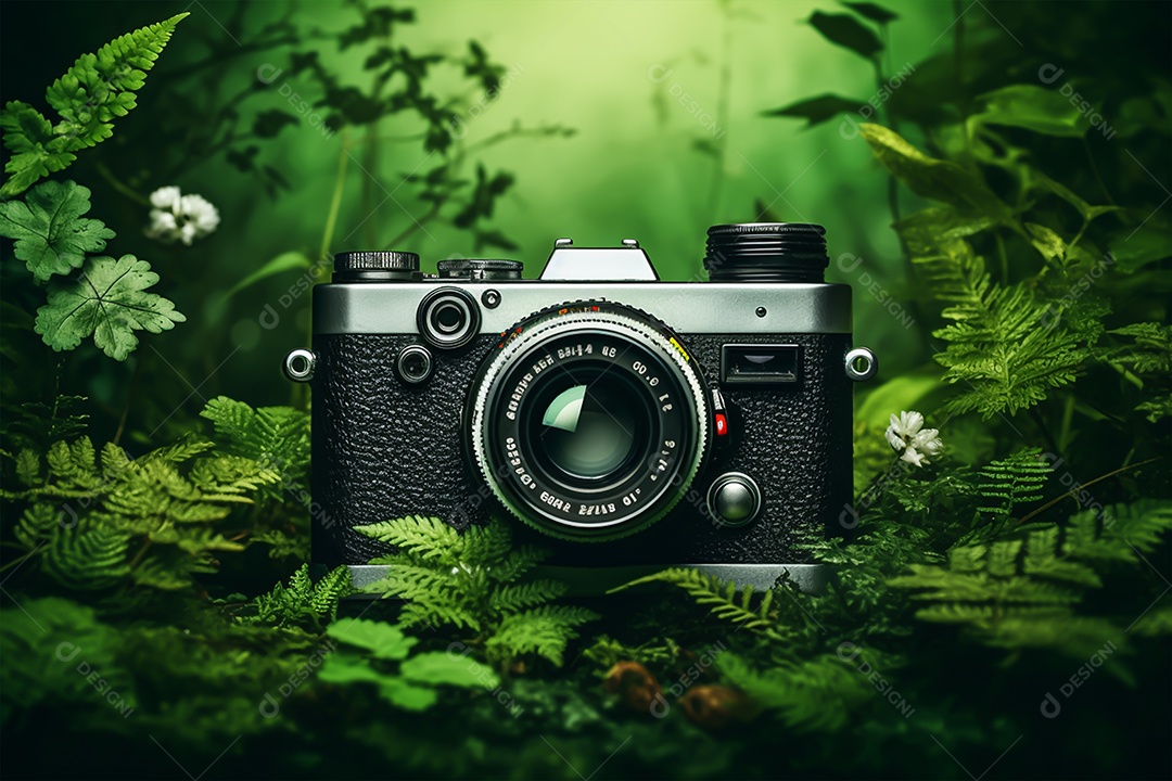 Câmera fotográfica sobre fundo floresta