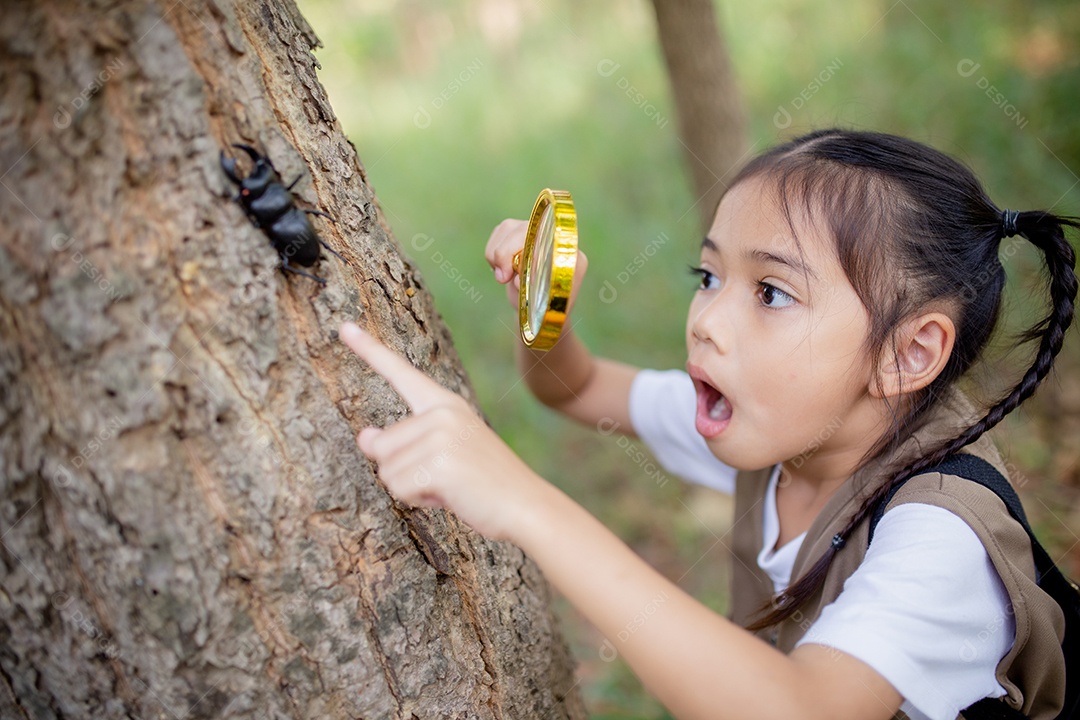 Uma garotinha asiática usando uma lupa para estudar um besouro-veado em um parque.