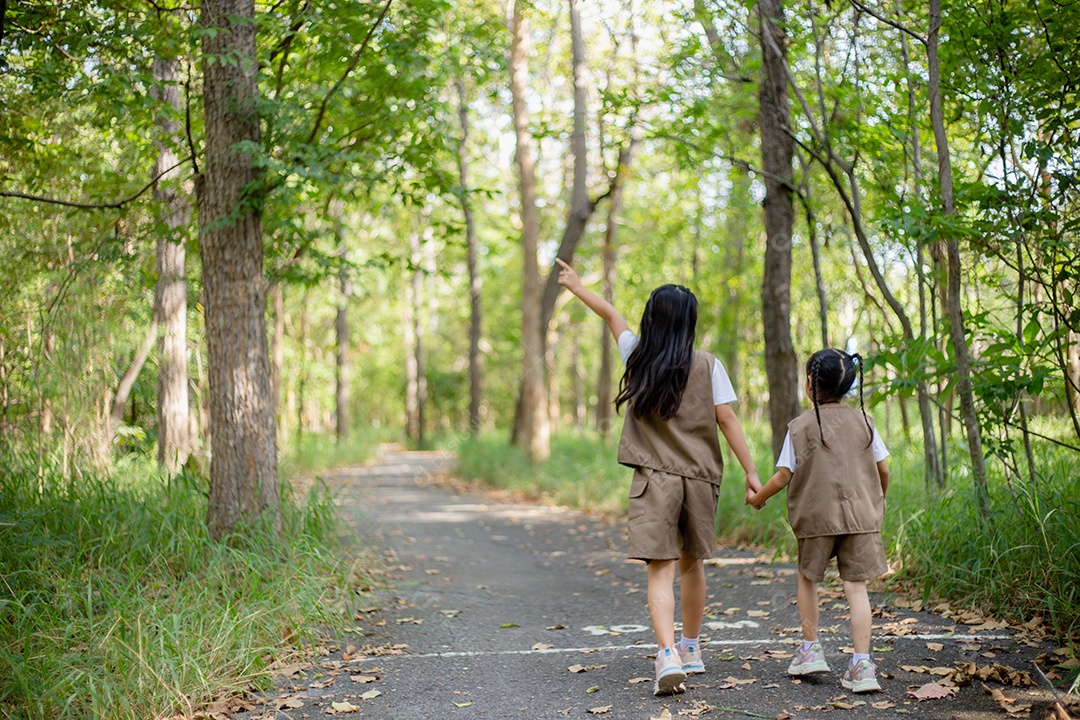 Meninas asiáticas exploram a natureza através de lupas e binóculos no parque.