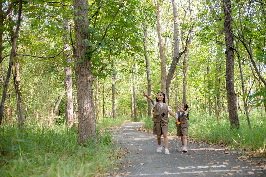 Meninas asiáticas exploram a natureza através de lupas e binóculos no parque.