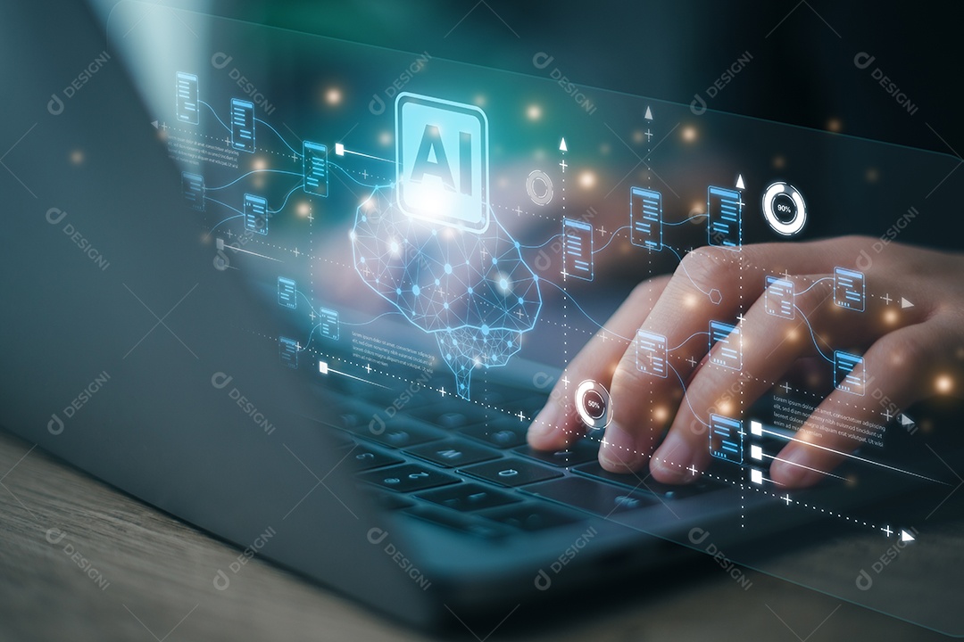 Conceito de IA ou inteligência artificial. Empresário usando computador usa IA para ajudar os negócios e usado na vida diária