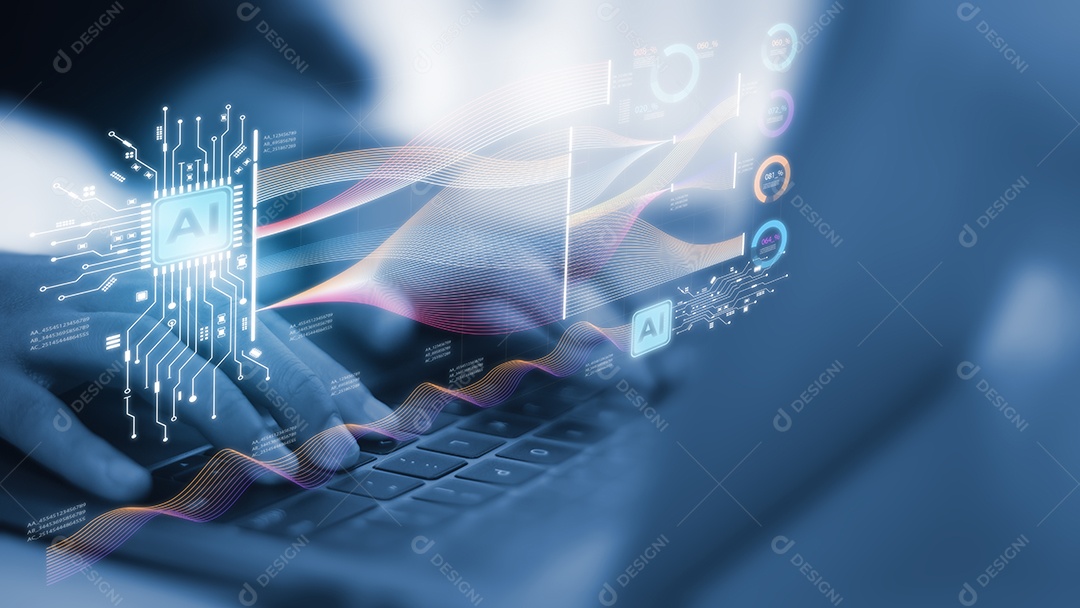 Conceito de IA ou inteligência artificial. Empresário usando computador usa IA para ajudar os negócios e usado na vida diária