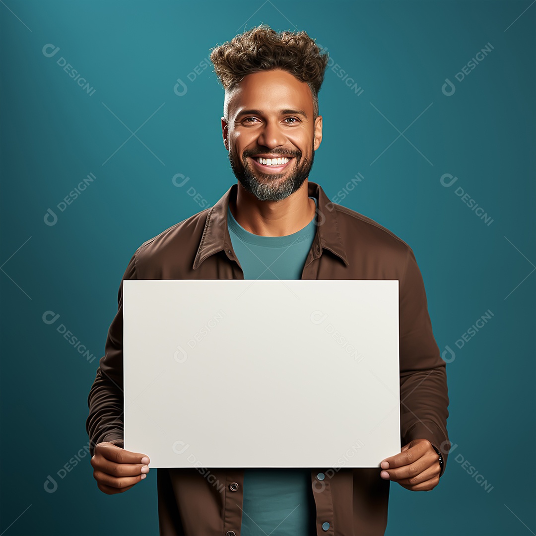 Jovem sorridente segurando placa