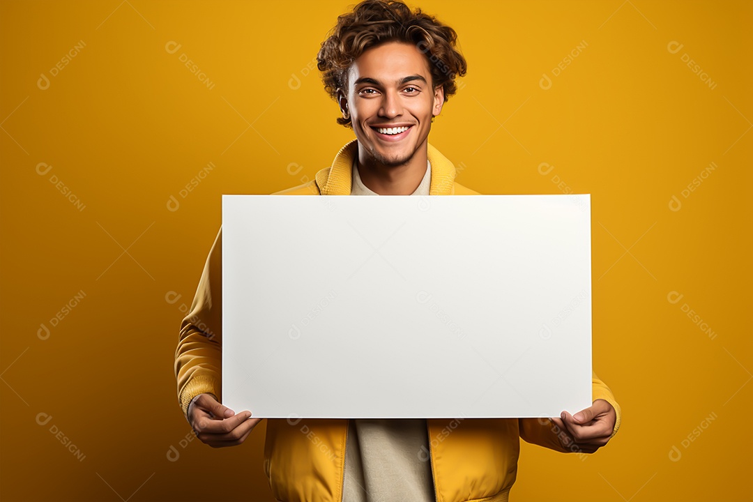 Jovem sorridente segurando placa