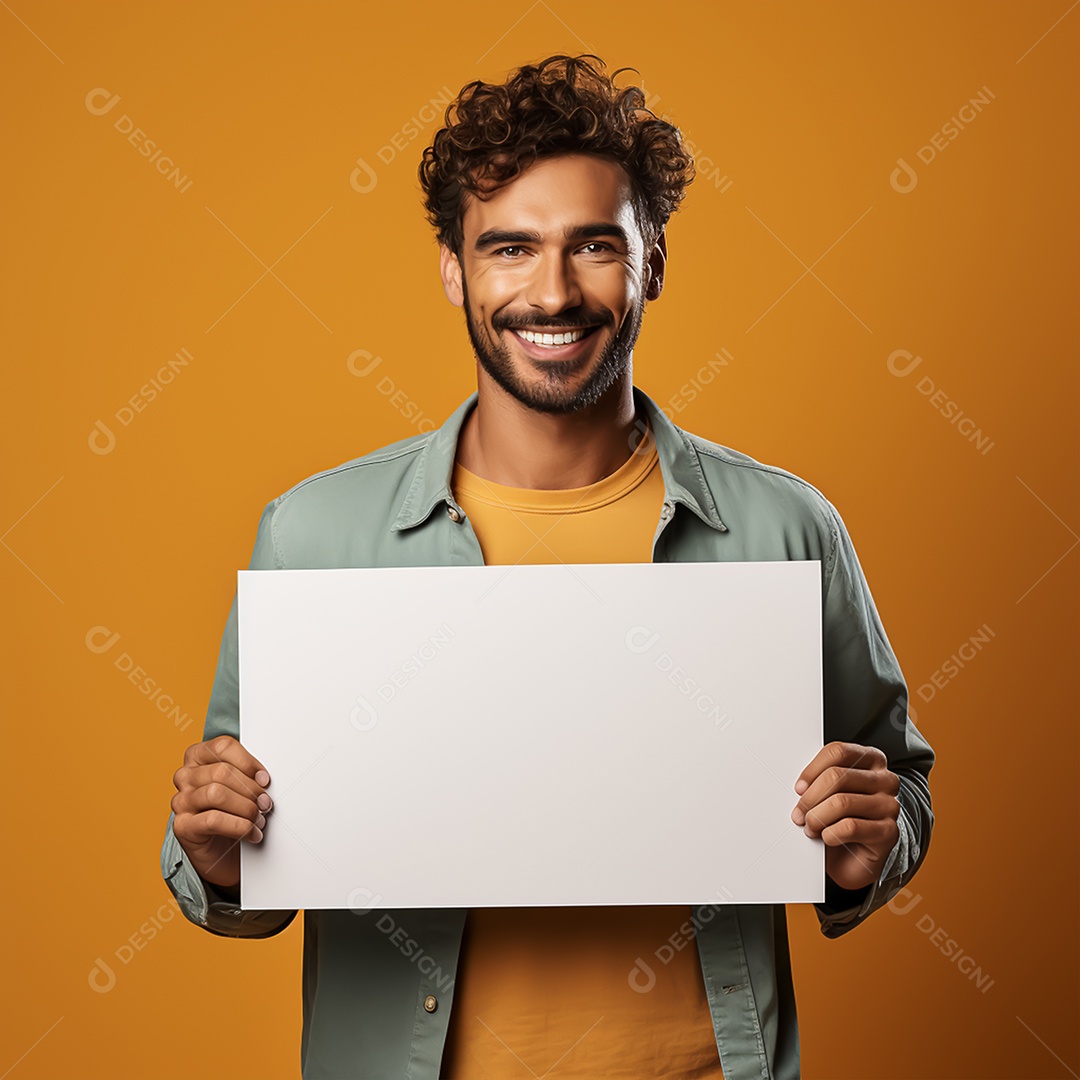 Jovem sorridente segurando placa